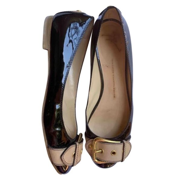 Giuseppe Zanotti Italian black patent leather buckled flats